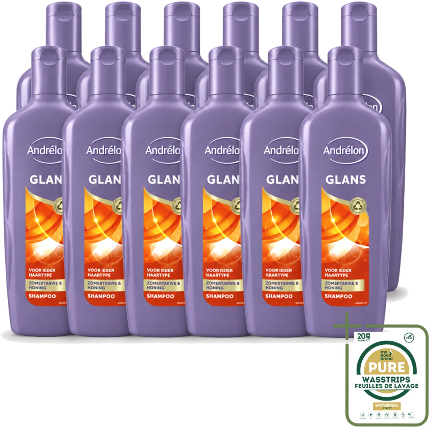 12 x Andrélon - Glans - Shampoo - 300 ml - Wasstrips - Haar Glans - Haar Verzorging - Shampoo Voor Glanzend Haar - Natuurlijke Glans - Zomertarwe Shampoo
