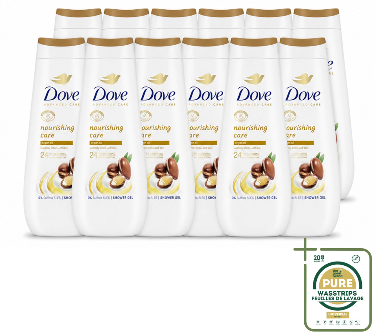 12 x Dove Douchecrème - Nourishing Care - Arganolie - 400 ml - Wasstrips - Douchegel - Hydraterend - Voedend - Droge Huid - Arganolie