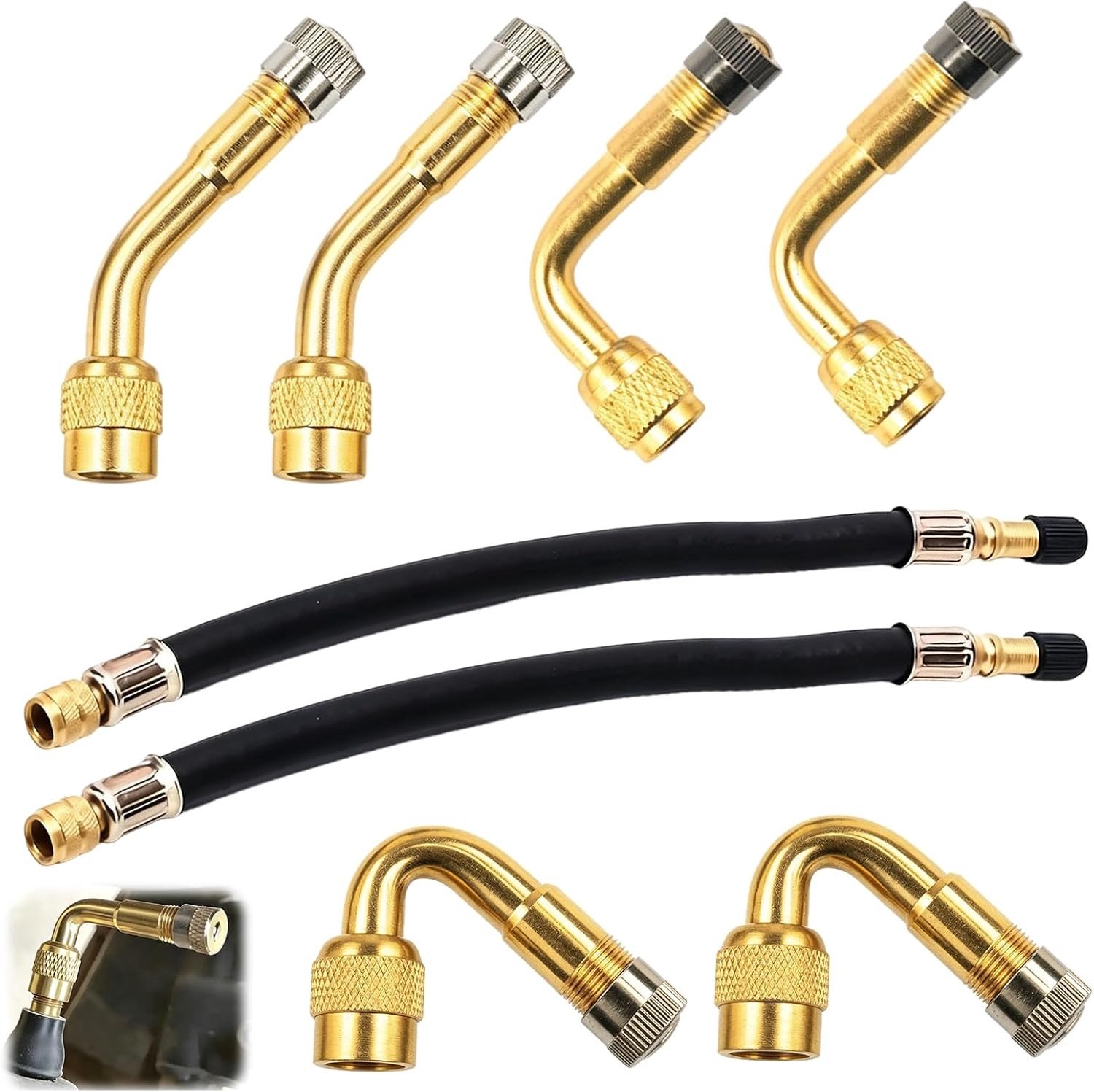 Bandenventielset - Zwart - 180 mm - Flexibele Rubber en Messing Hoekadapters - Voor Auto's en Motorfietsen