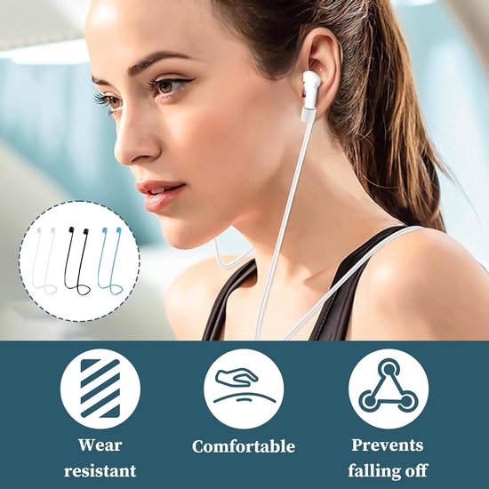 3 stuks bandjes voor AirPods, band voor AirPods, bevestigingsband compatibel met AirPods Pro 2/1 en AirPods 1/2/3, houder band met 70 cm, kleuren: zwart, wit, blauw, ideaal voor sport en dagelijks — afbeelding 2