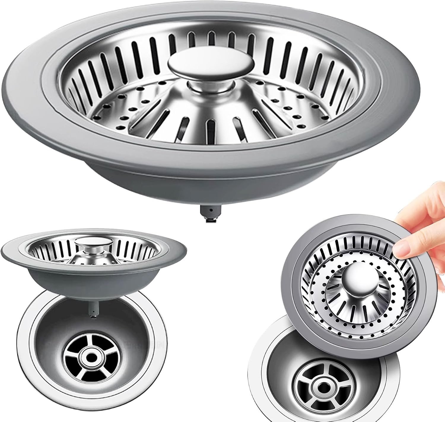 Pop-up Afvoerplug met Filter en RVS Stopper voor Keuken en Badkamer - 3-in-1 Afvoerstopper voor Voedselresten (Gatdiameter 78-85mm, Zilver)
