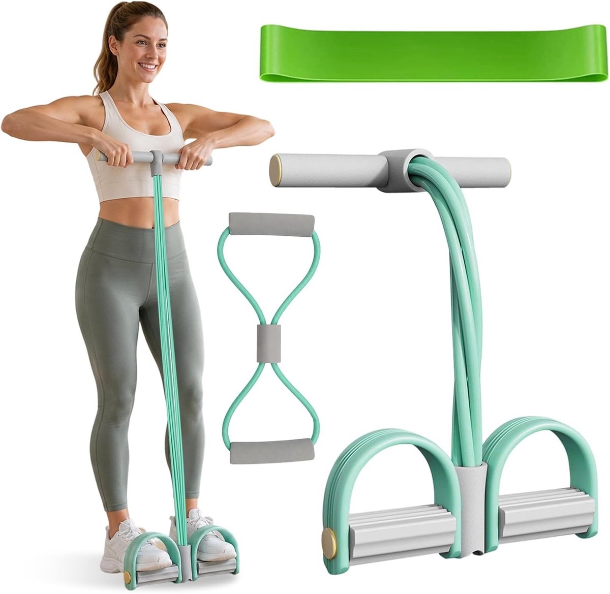 Drie-delige Fitness Set voor Thuis: Buikspiertrainer, Rugtrainer en Weerstandsband in Achtvorm