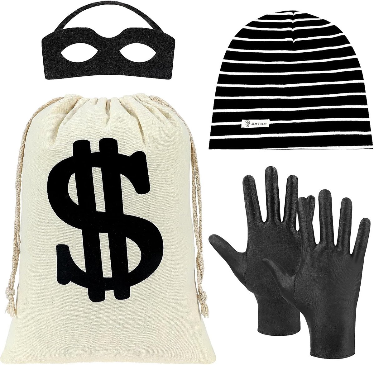 Set van 4-delige Dievenkostuum met Pollar Wallet, Bandit Oogmasker, Gebreide Muts en Handschoenen voor Kinderen - Perfect voor Halloween, Piratenfeest en Themapartijen