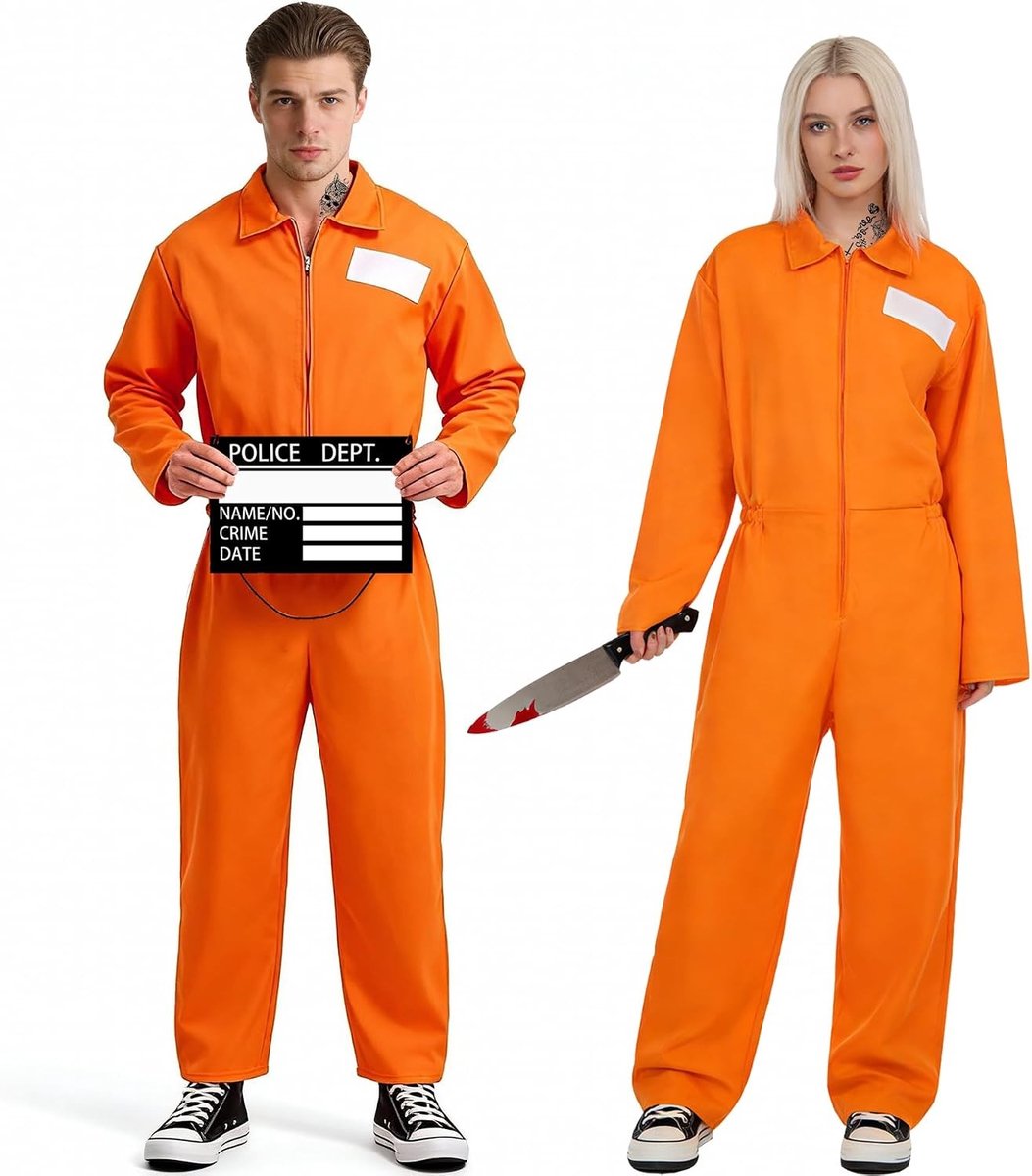 Unisex gevangeniskostuum in oranje met tijdelijke tatoeages en bloedmonitorstickers voor Halloween en carnaval