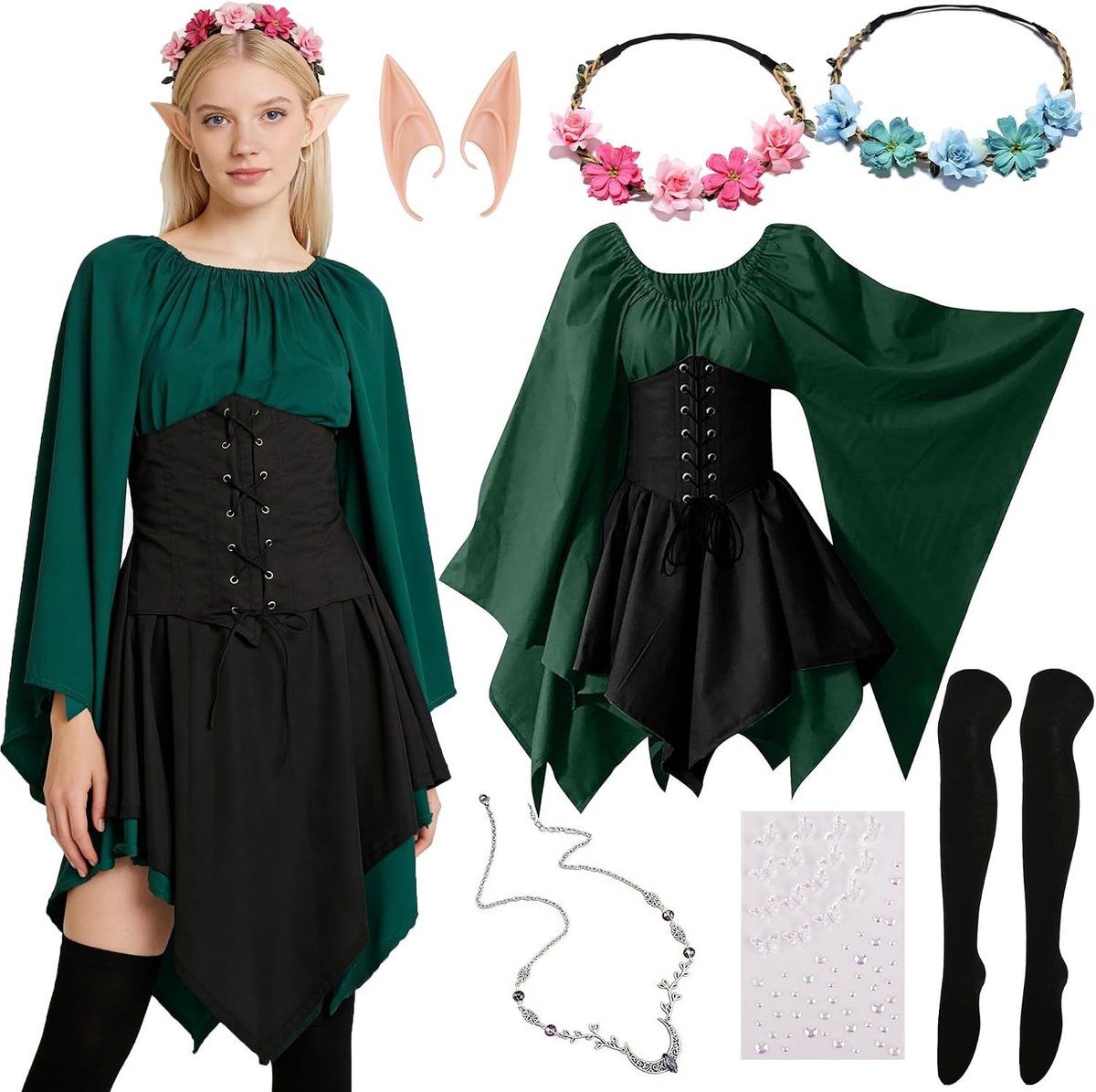 Traditionele middeleeuwse jurk voor dames met elf oren, haaraccessoires en bloemenband voor Halloween en carnaval