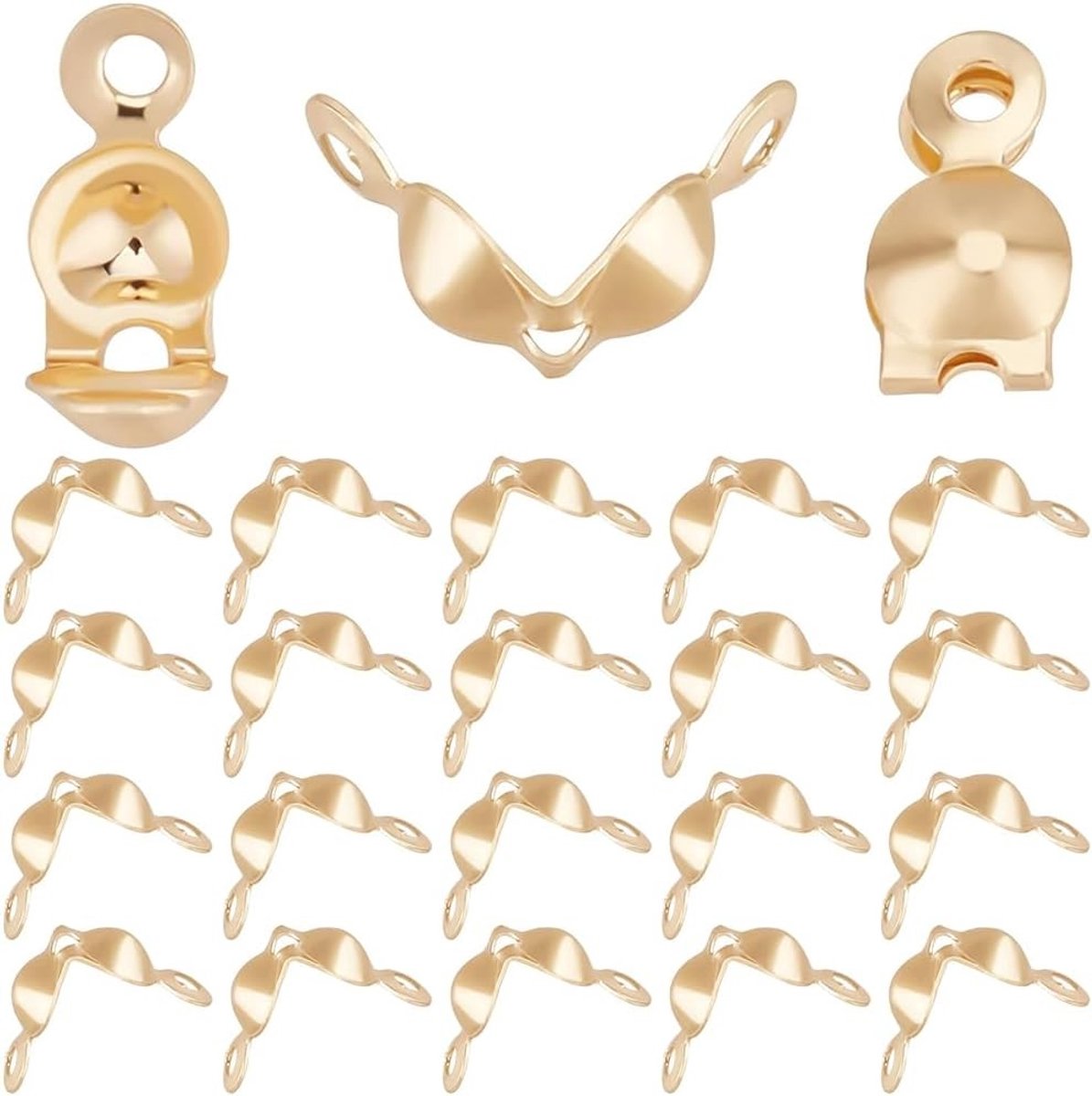 200 Stuks Bead Tips Knot Hoess in 18K Goud Geplateerd Messing voor DIY Armbanden en Kettingen - Clamshell Shrink Tips en Fold-Over Caps (3mm Cup)