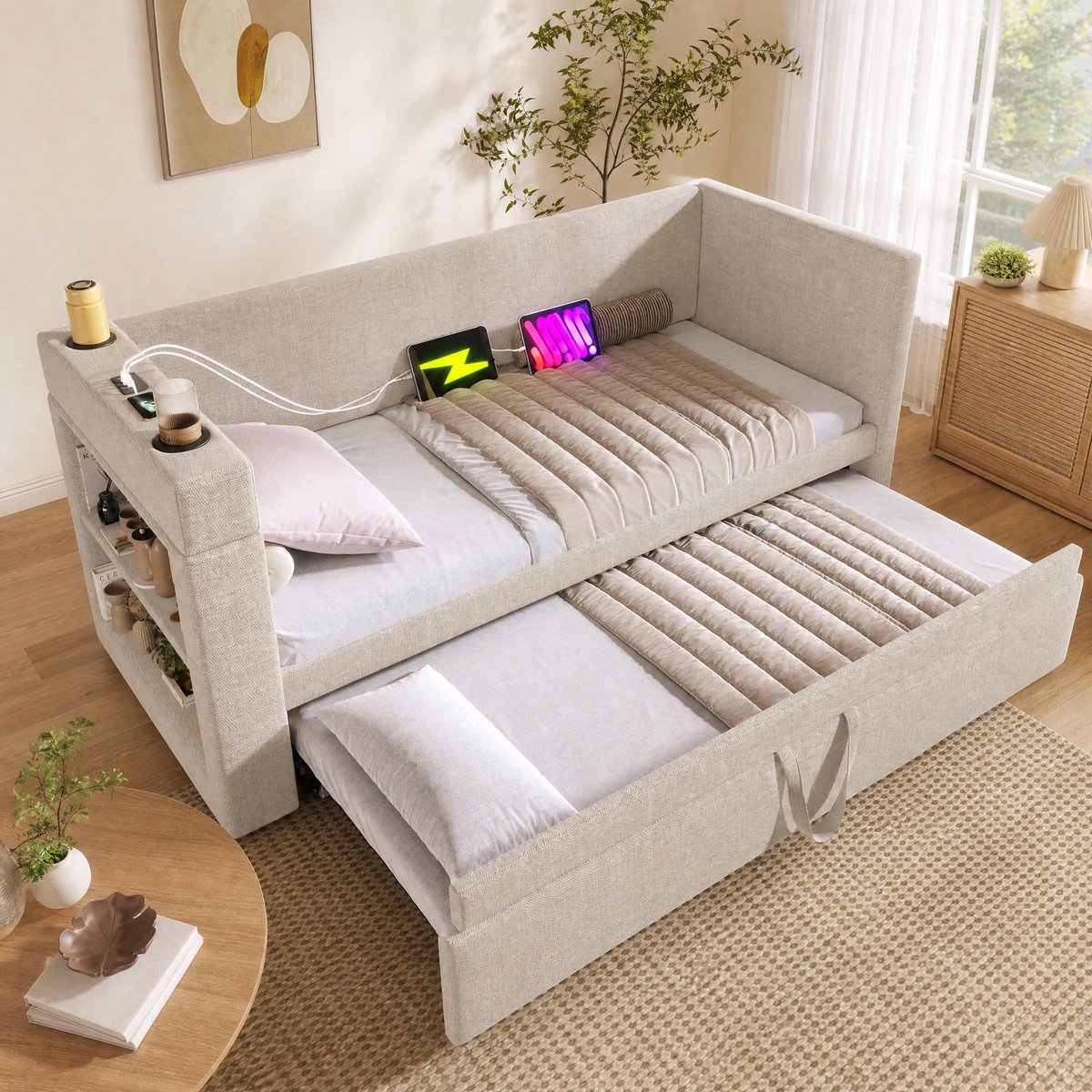 COVREO Slaapbank met uitschuifbed – 90x190 cm – Bedbank met USB, Type-C-aansluiting en bekerhouders – Eenpersoonsbed voor slaapkamer of logeerkamer – Beige - zonder matras
