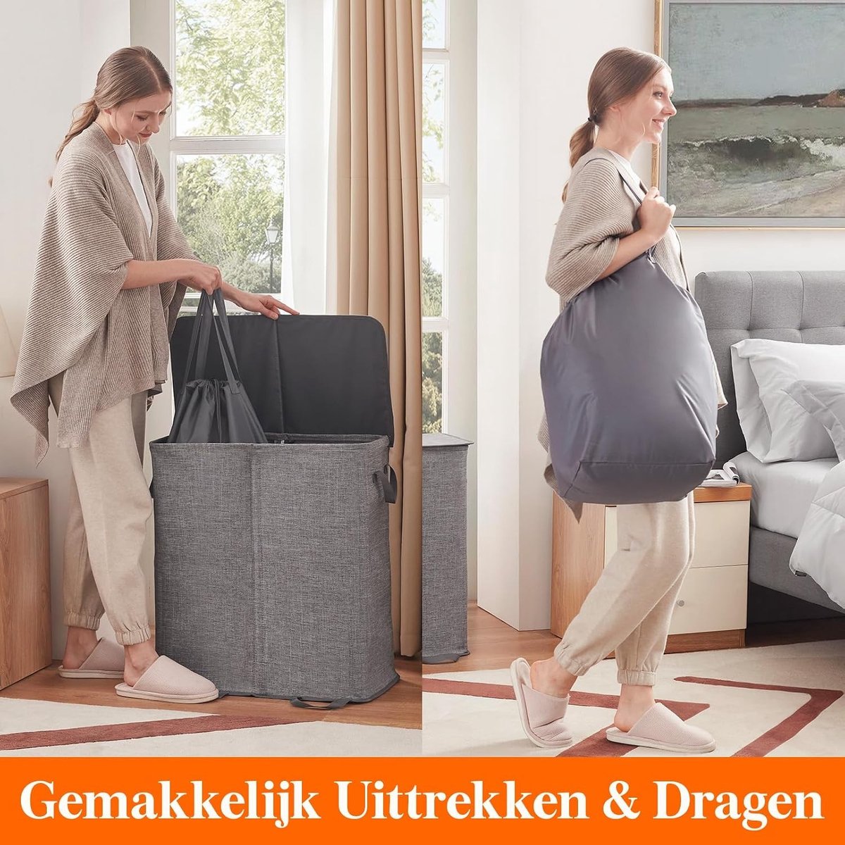 Dubbele Wasmand met Deksel en Afneembare Binnenzak voor Efficiënt Kleding Sorteren en Opslaan