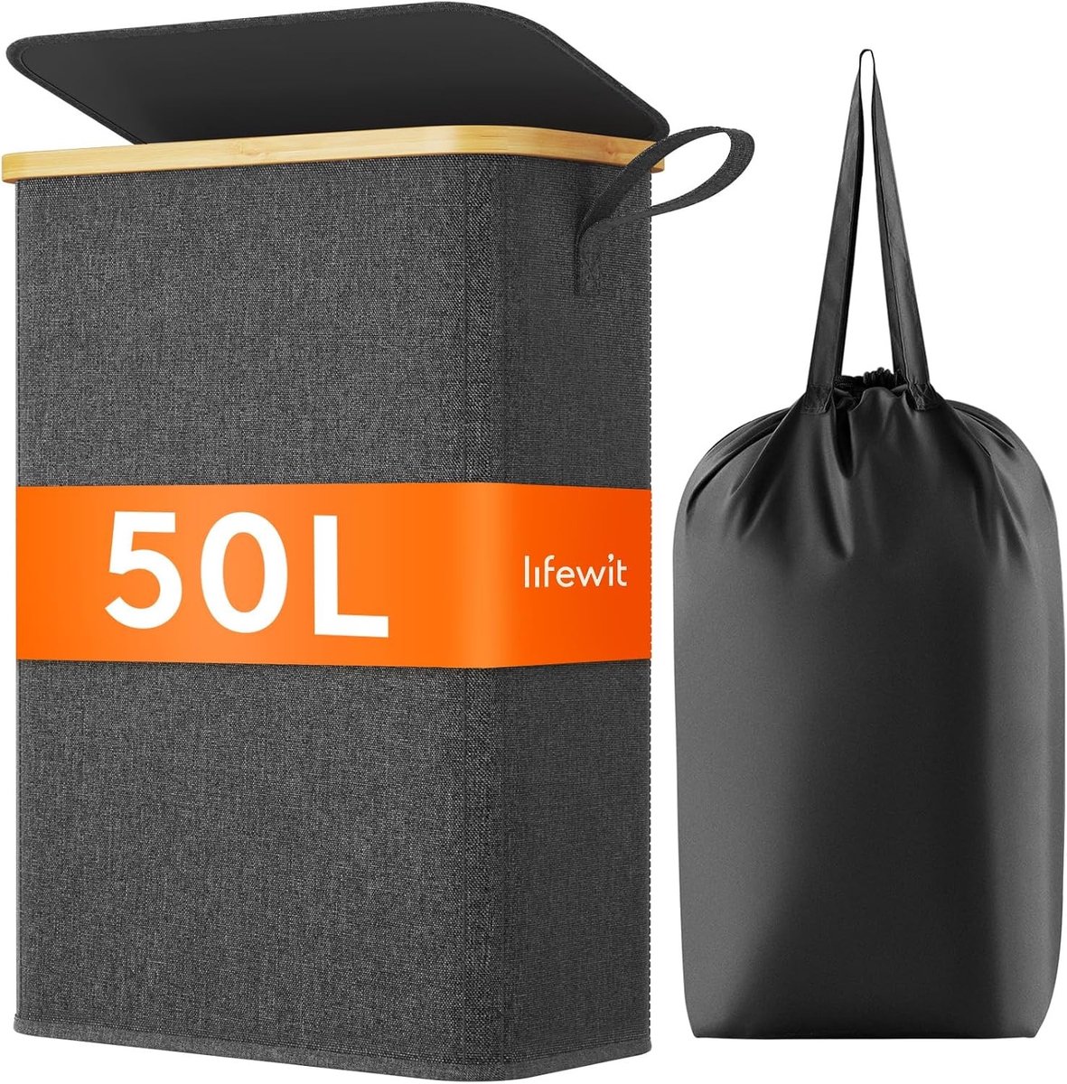Narrow Wasmand met Deksel en Handvat, Bamboe Frame, Afneembare Tas, Ideaal voor Slaapkamer, Badkamer en Wasruimte, 50L, Donkergrijs