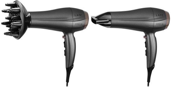 Twee donkergrijze LAFE haardrogers, 2200W, met diffuser en smal mondstuk.