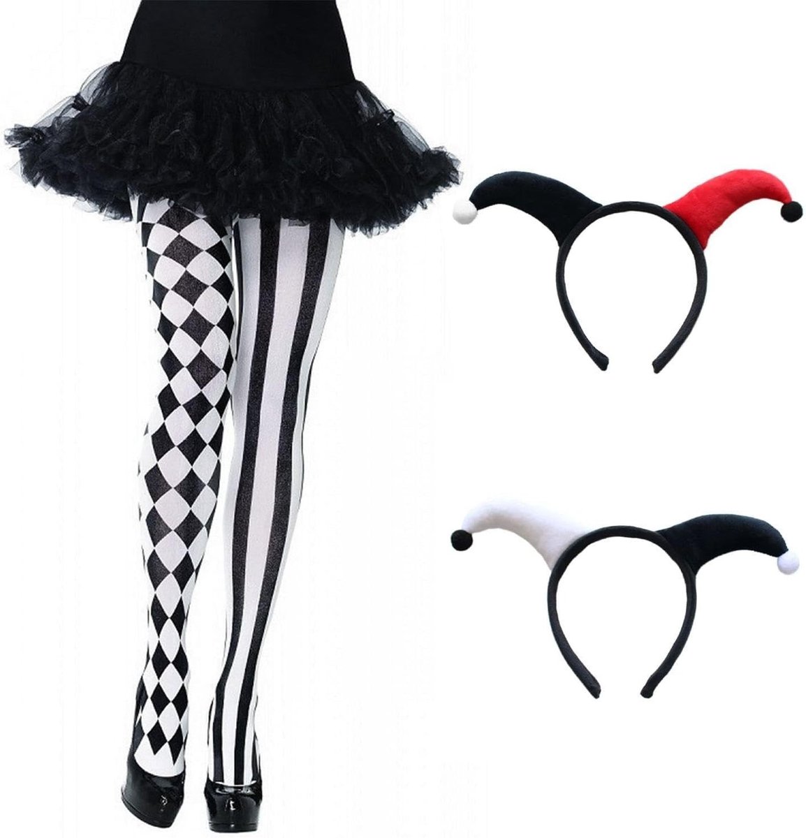 Clown tights en hoofdbanden set, zwart-witte asymmetrische broek voor rolspel en carnaval feestaccessoires