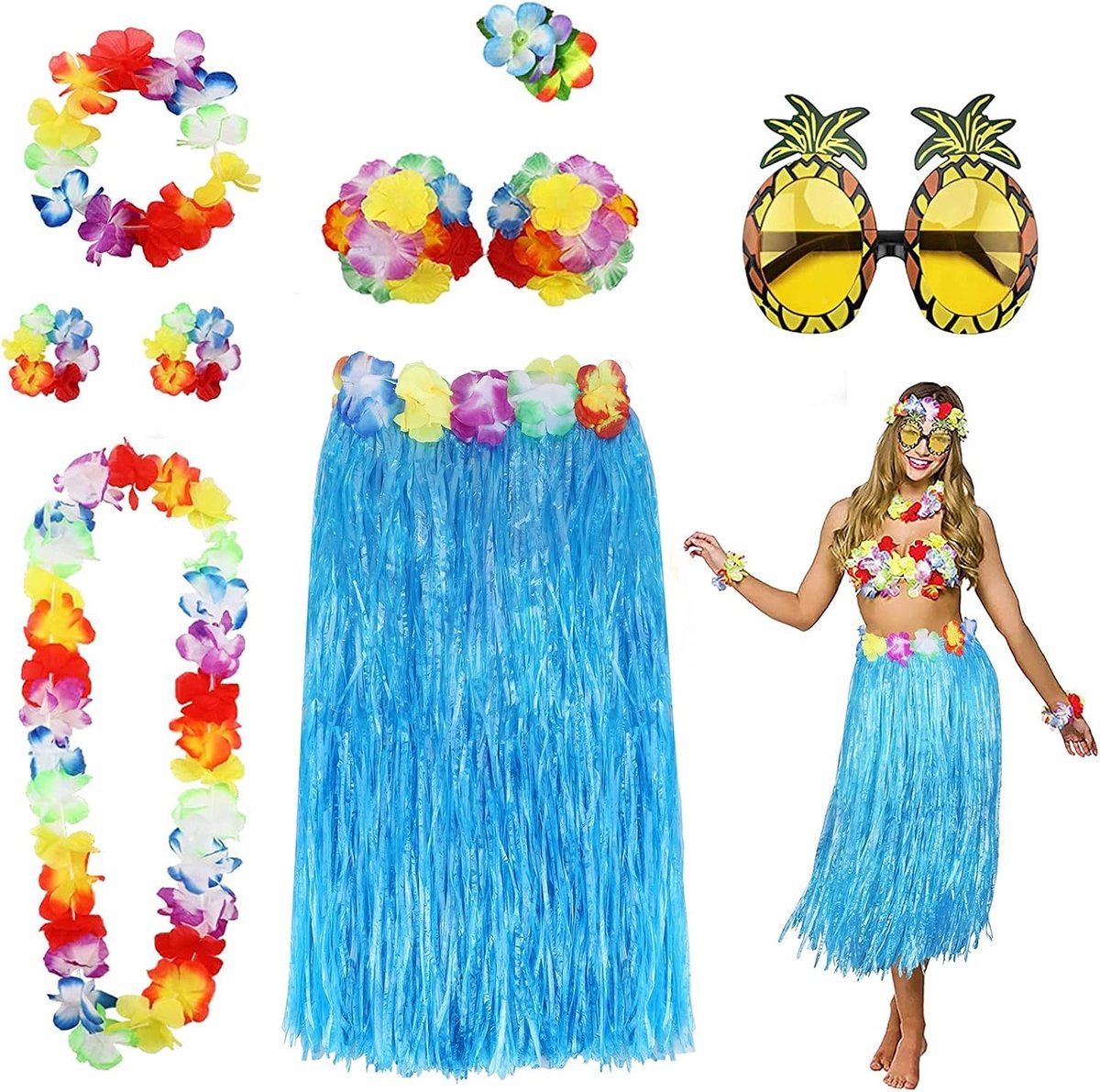 8-delige Hula Rok Kostuum Accessoire Set voor Hawaii Luau Feest - Dansende Hula met Bloemen Bikini Top, Hibiscus Haarclip en Ananas Zonnebril voor Vrouwen