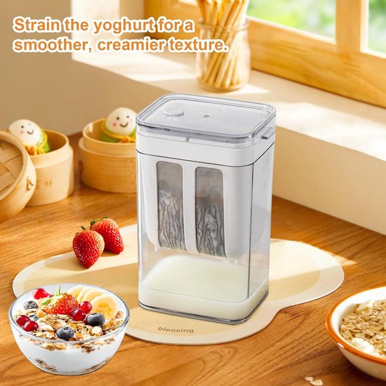 Yoghurtmaker 1100ml met deksel en fijne roestvrijstalen zeef voor Griekse yoghurt, verse kaas en notenmelk maken — afbeelding 4