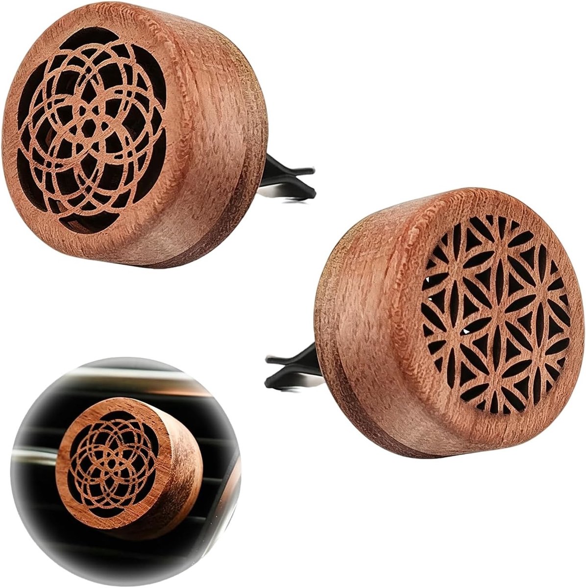 Mini houten autodiffuser set van 2 stuks, draagbare aromatherapie diffuser voor in de auto