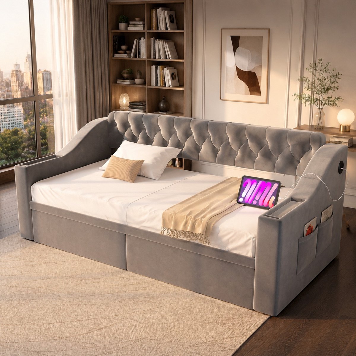 COVREO Slaapbank met USB-poort – 90x190 cm – Bedbank met opberglades – met lattenbodem en armvakken – Lichtgrijs - zonder matras
