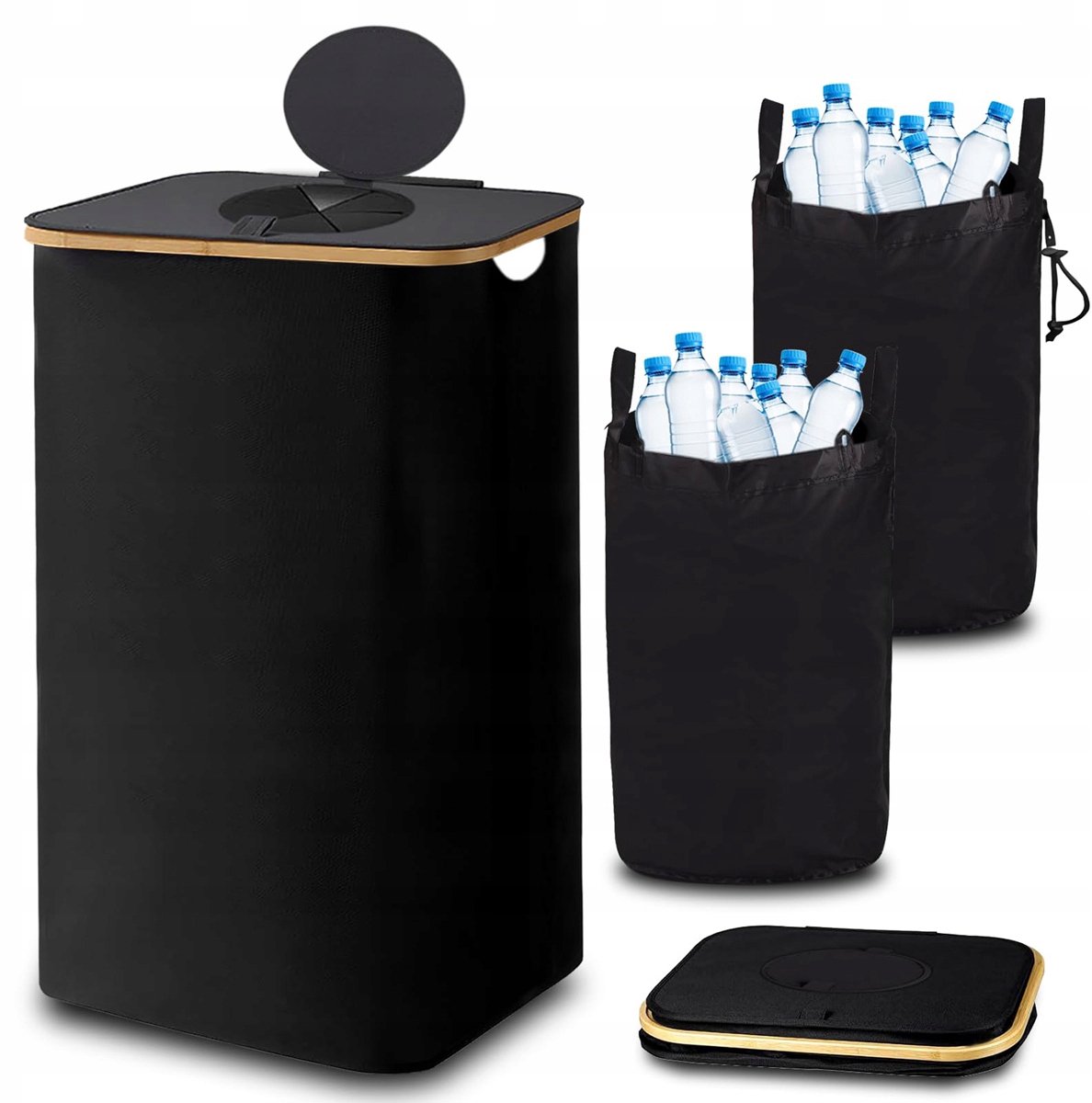 Flessenmand met Flessentas - Recycle Bak Voor Flessen & Blikjes - Afvalscheidingsbak - 100L - Uitneembare Binnenzakken - Dubbele Handgrepen - Stevig Frame - Opvouwbaar - Voor Keuken & Balkon & Berging - Zwart
