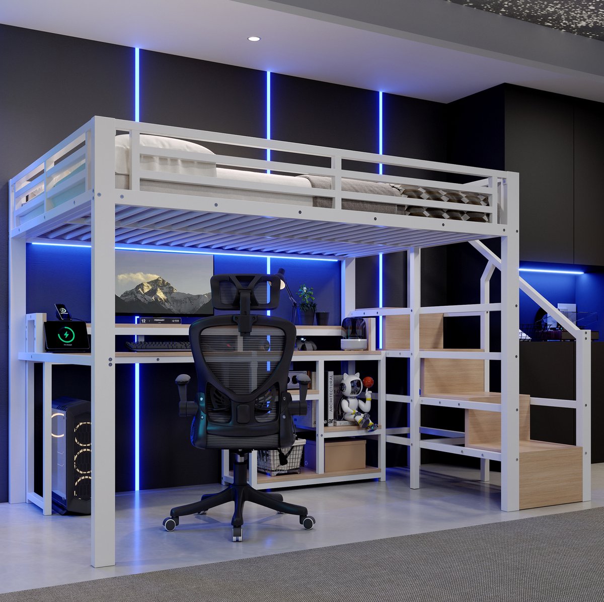 Hoogslaper 140 x 200 cm - Bed met Ladderkast en Opbergrekken - Met USB en Type-C en LED Verlichting - Zonder matras - Wit