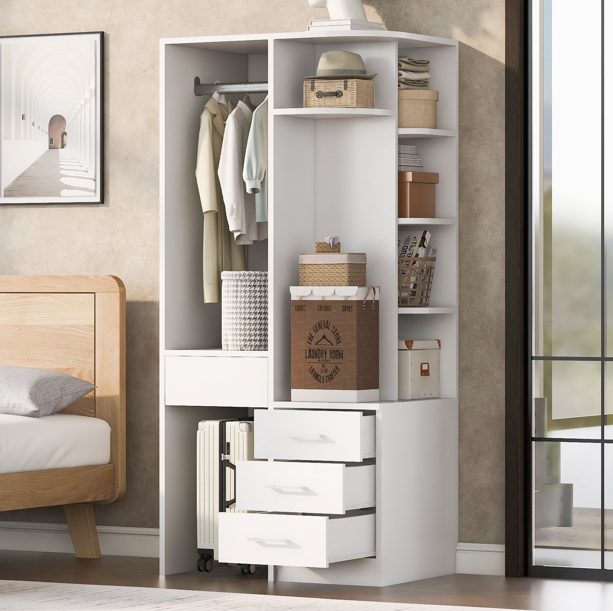 REDOM - Kledingkast - Open kast met hanggedeelte en planken - Met laden - Vrijstaand - MDF - Wit - 70 x 55 x 175 cm - Voor slaapkamer en woonkamer