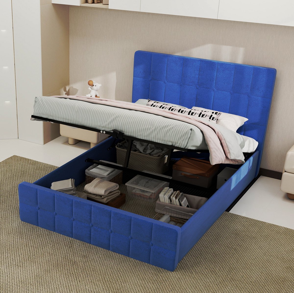Gestoffeerd Bed 140 x 200 cm Zonder Matras Met Opbergruimte Hoofdbord Met Ruitstiksel Modern Design Voor Slaapkamers Velvet Blauw