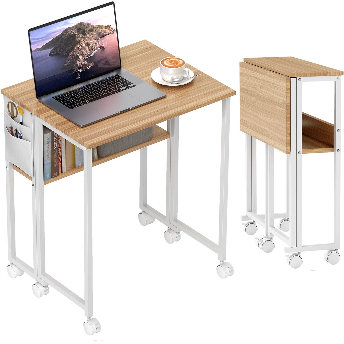 Inklapbaar bureau Natuur - Opvouwbaar - Ombouwbaar tot bijzettafel - Open rek - Multifunctioneel - Natuurlijke kleur
