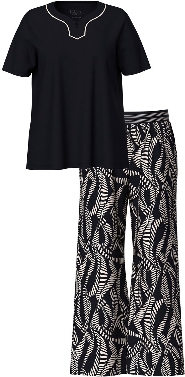 Ulla Popken Dames - Pyjama palmbomen hartvormige hals korte mouw - Zwart - Maat 50+