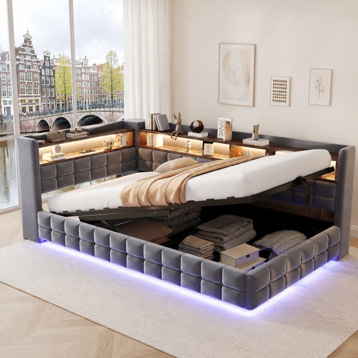 WUVRIE Slaapbank 90 x 200 cm met opbergruimte, LED, USB-C en stopcontact, grijs