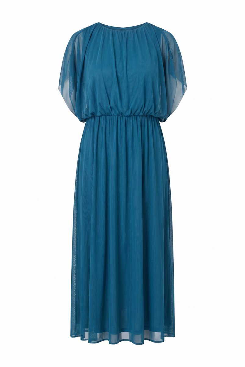 Ulla Popken - Dames - Maxi-jurk ballonmodel bovenstuk ronde hals mouwloos - Petrolblauw - Maat 62+