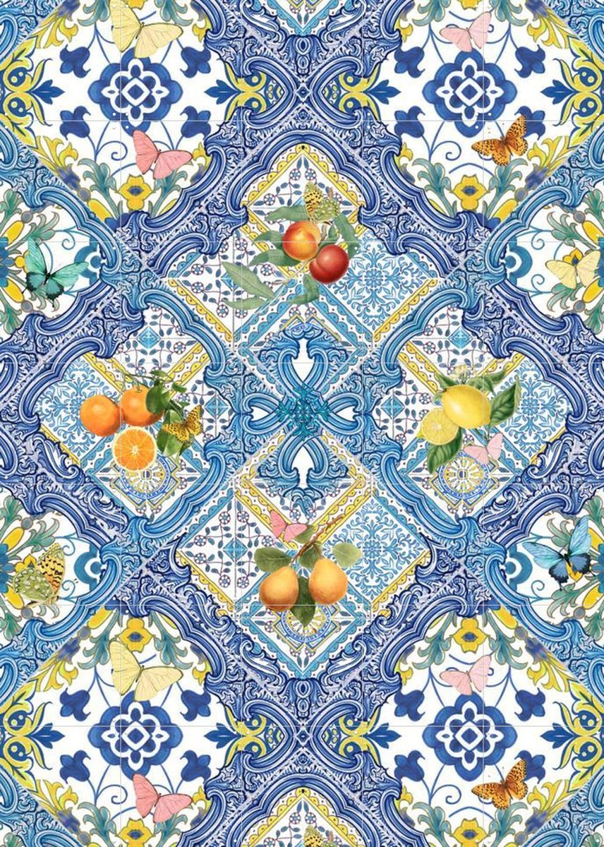 IXXI Mediterranean tiles and citrus fruit I, Bloomery Decor - 100 x 140 cm - Gratis ophangtool - Grote wanddecoratie en posters