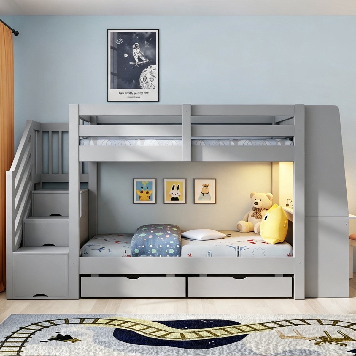 OKWISH Kinder Stapelbed 90 x 200 cm - Hoogslaper Met Bureau, Led Verlichting, Opberglades En Trap - Hout - Grijs - Zonder Matras