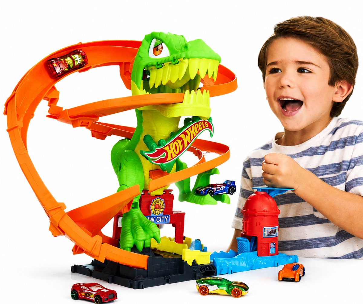 Hot Wheels City - Gevecht met T-Rex Racebaan - Inclusief 1 Auto - Speelgoed vanaf 4 Jaar - Speelgoed Auto’s - Autootjes - Hotweels - Hotwheels Premium - Baan - Dinosaurus Speelgoed