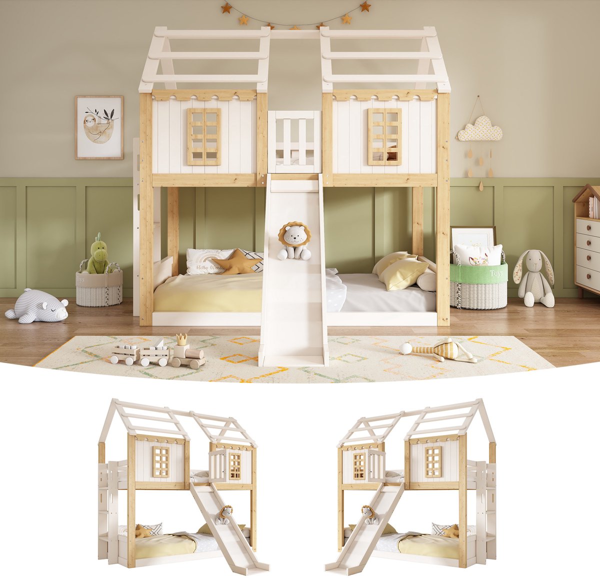 OKWISH Kinder Etagenbett 90x200cm met Rutsche - Hausbett met speelhuis en ramen, wit & hout, stapelbed zonder matras