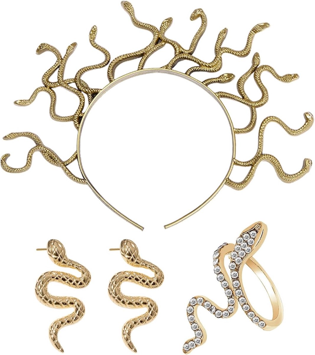 Snake haarband, slangenoorbellen en slangenring - retro rollenspelaccessoires voor unieke outfits en creatieve kostuums.