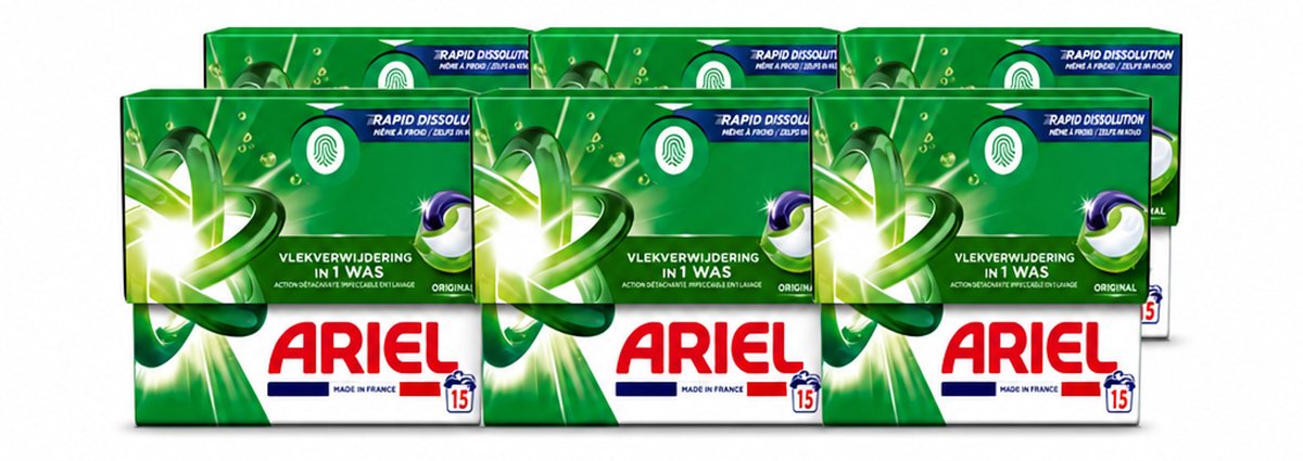 6 x Ariel - 3in1 Wasmiddel Pods - Original - 15 Pods - Voordeelverpakking - 6 stuks