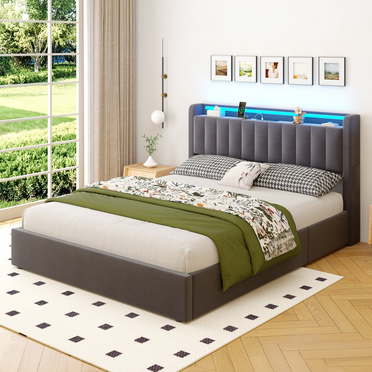 STILVORA Bedframe Met Opbergruimte – 160 x 200 cm – Fluweel, Metaal en Hout – Donkergrijs – Met USB en Ledverlichting Voor Slaapkamer