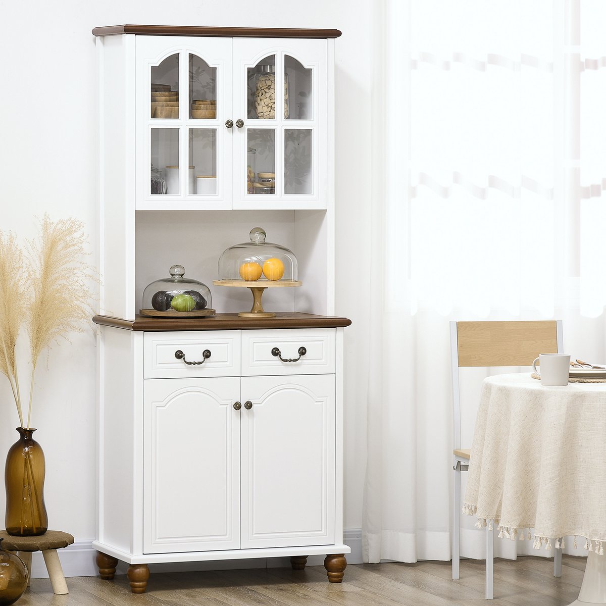 HAUSS SPOLE Keukenkast - Hoge Vitrinekast Met Zachte Sluiting En 2 Lades - Voor Keuken En Woonkamer - MDF - Wit - 76 x 38 x 182 Cm