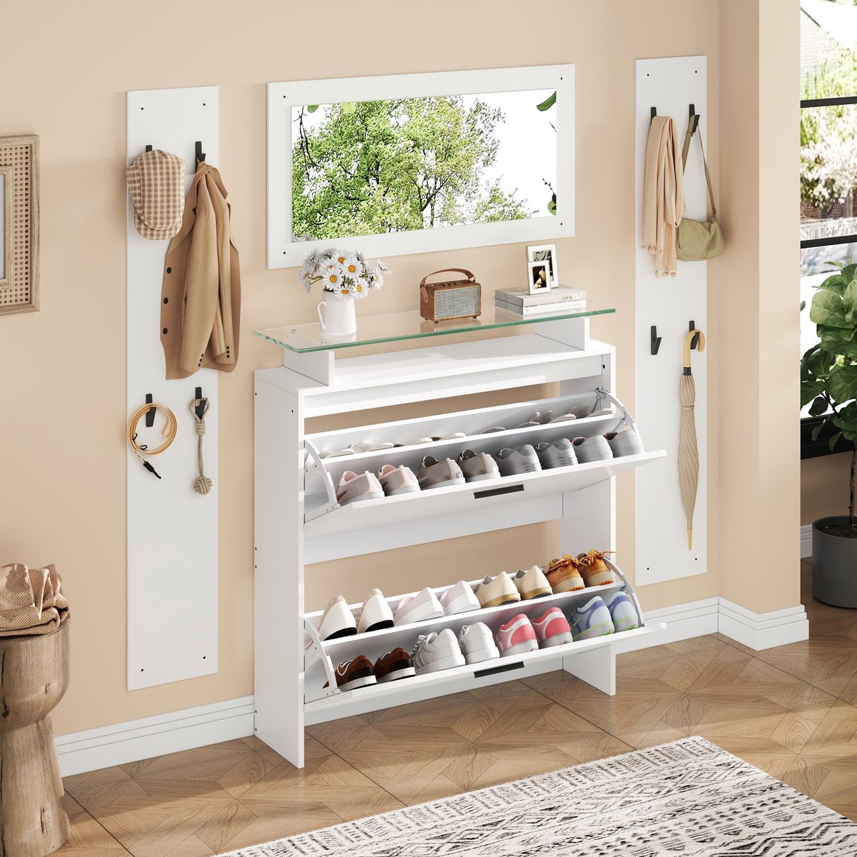 Schoenenkast Met Spiegel En Glasplanken Witte Hoogglans Staande Garderobeset Voor Hal En Woonkamer Spaanplaat 89 5x23x96 5 Cm
