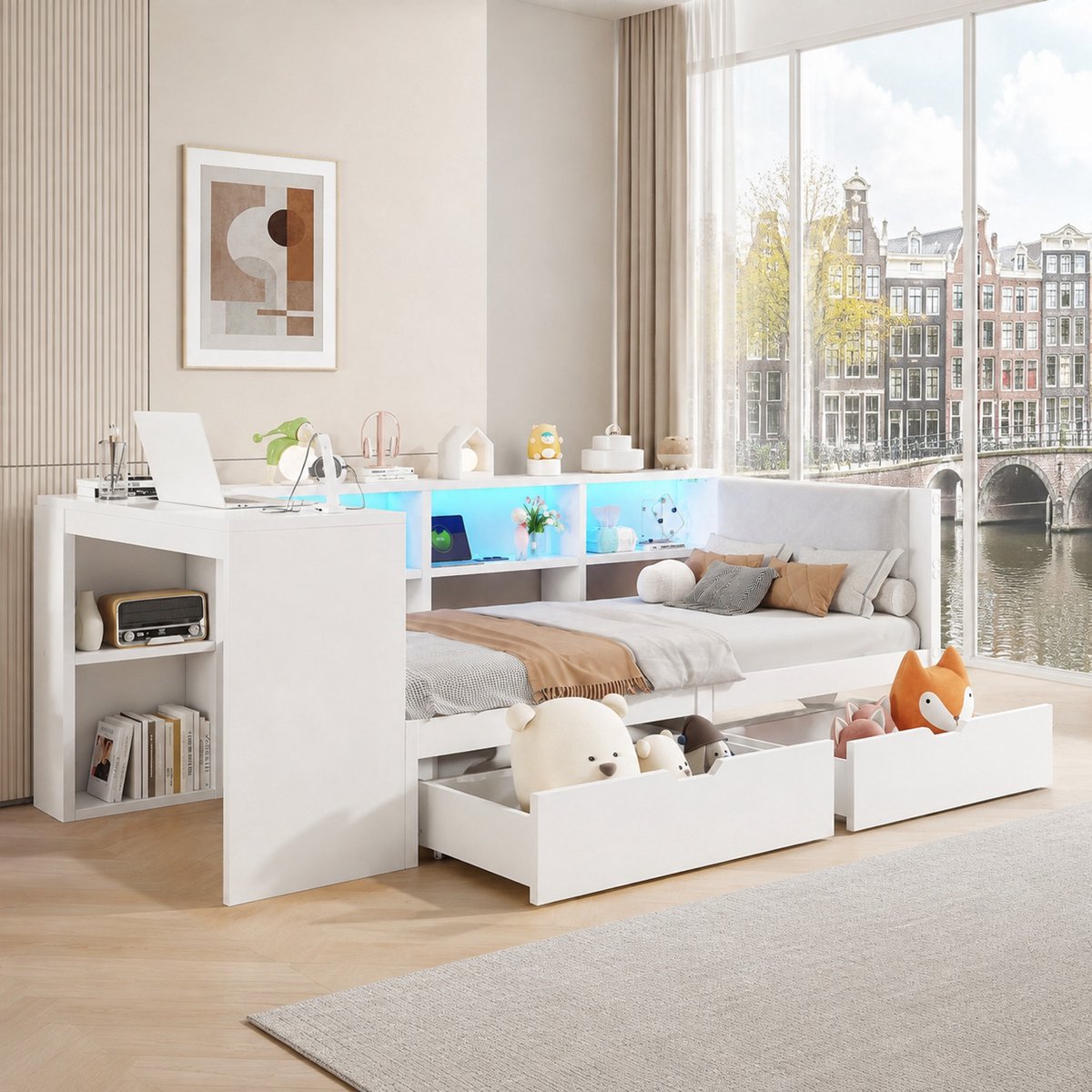 WUVRIE 90x200cm Wit Platformbed met Opbergruimte, Schubladen, Ladestation en Geplooid Hoofdeind - Normaal Bed Frame