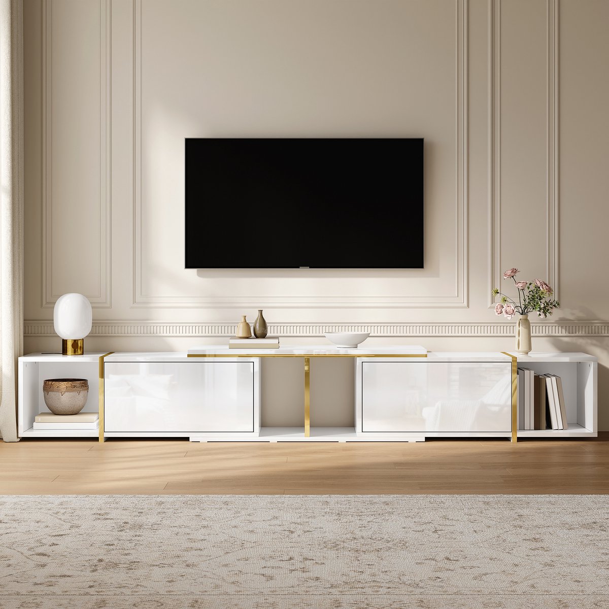 HAUSS SPOLE TV Meubel - Uitschuifbaar Hoogglans Design Met Open Vakken En Kabeldoorvoer - Modern Voor Woonkamer - Spaanplaat - Wit - 275x35x37 Cm
