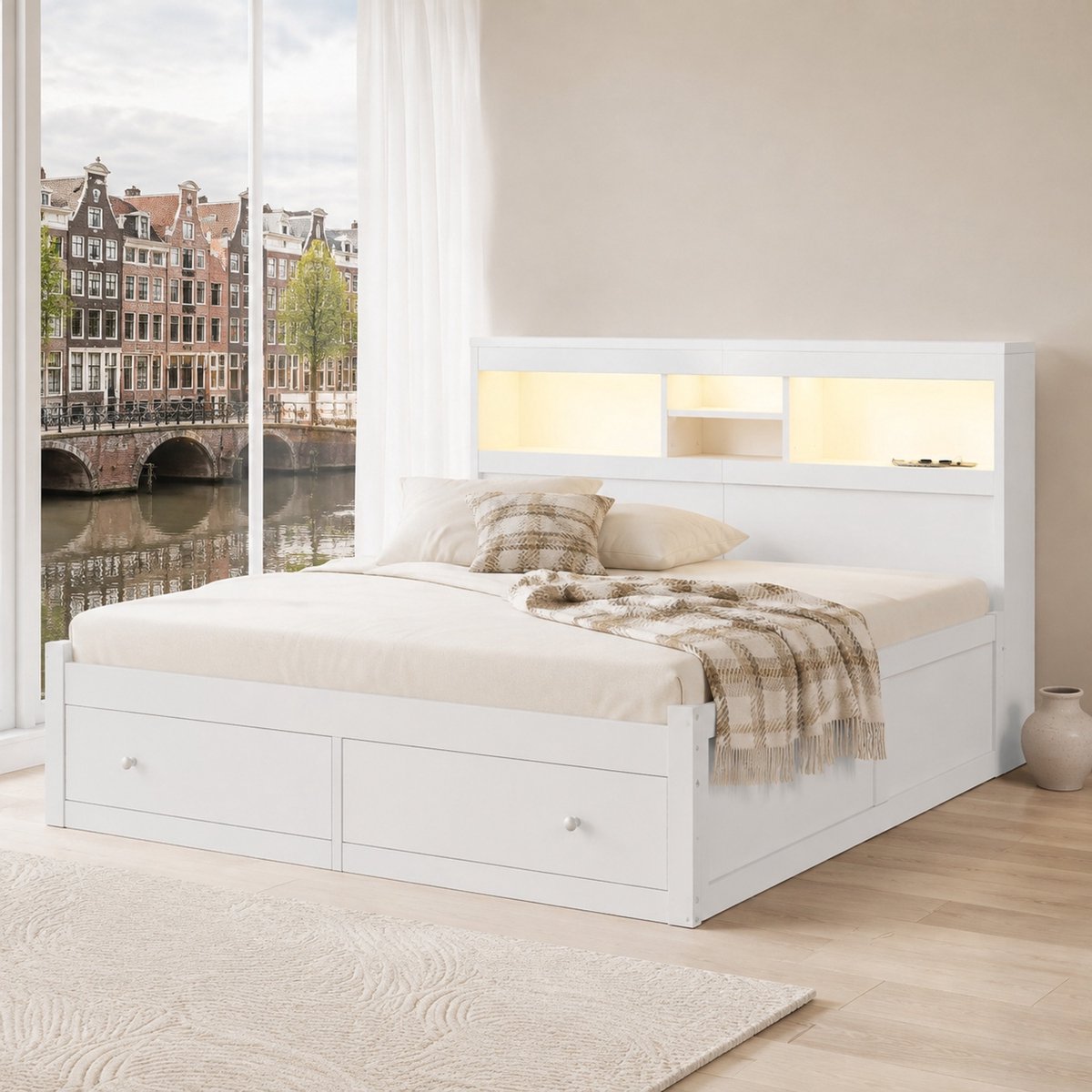 WUVRIE Dagtasbed 90x200cm – Slaapbank met USB, Omgevingsverlichting en 2 Lades – Wit