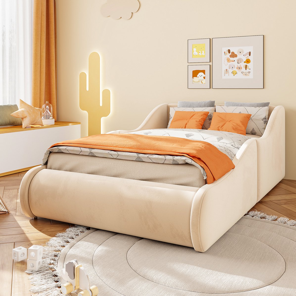 Polsterbett Kinderbett 90x200 cm - Weeg zacht satijnbed met hoog hoofdeind en zijbescherming, eenpersoonsbed beige