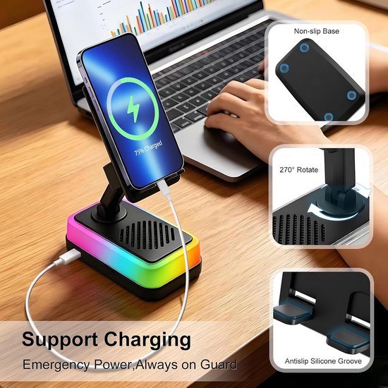 Draadloze Inductiespeaker met Telefoonstandaard, 5-in-1 Bluetooth Speaker met RGB-verlichting en 3000mAh Noodlader, Verstelbare Houder, Geschikt voor Apple iPhone en iPad, Samsung Galaxy en Android-apparaten, Praktisch Gadget-Zwart — afbeelding 5