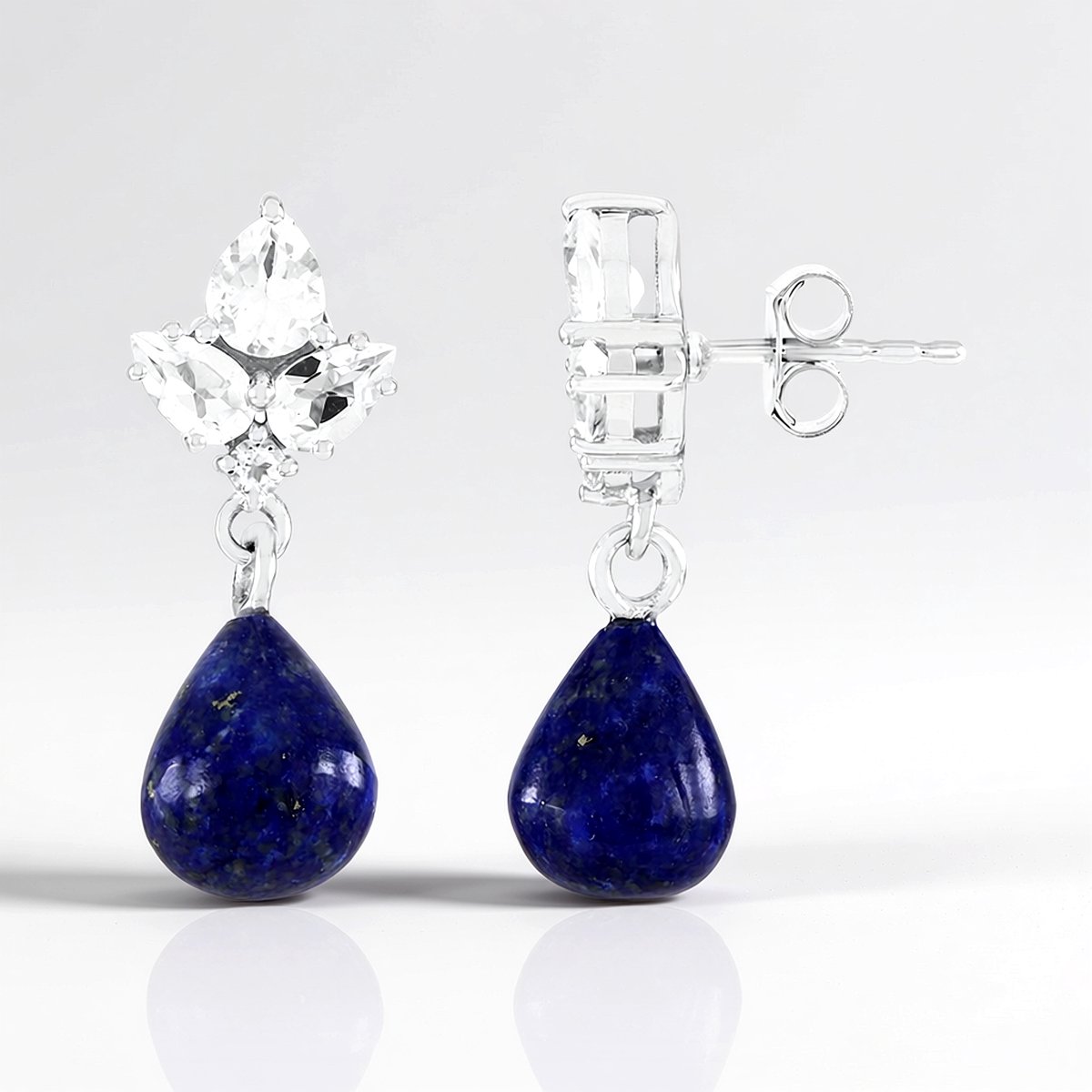 Cavill - Zilveren Oorbellen met Lapis Lazuli en Witte Topaas - 925 Sterling Zilver - Asymmetrische Druppel - Blauw - Elegante Damesoorbellen