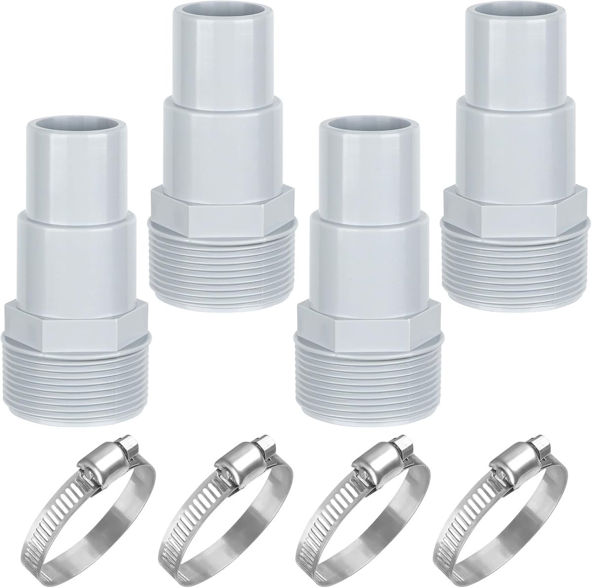 4-delige zwembadslangadapter set met 4 slangklemmen, geschikt voor 1 1/2 en 1 1/4 inch slangen, ideaal voor zwembadonderhoud en installatie