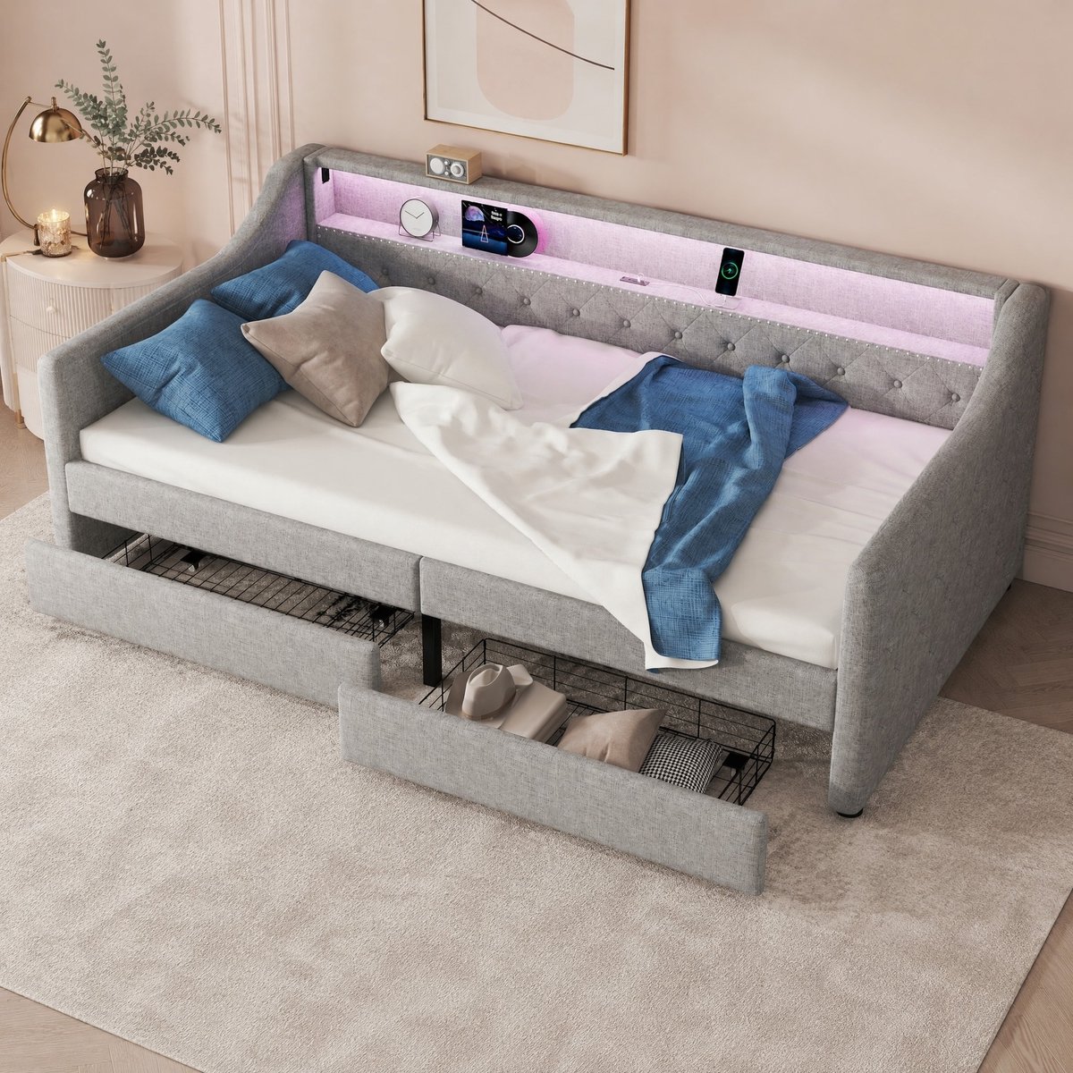 COVREO Bedbank met LED en USB – 90x200 cm – Slaapbank met 2 lades – Eenpersoons bed voor slaapkamer – Grijs - zonder matras
