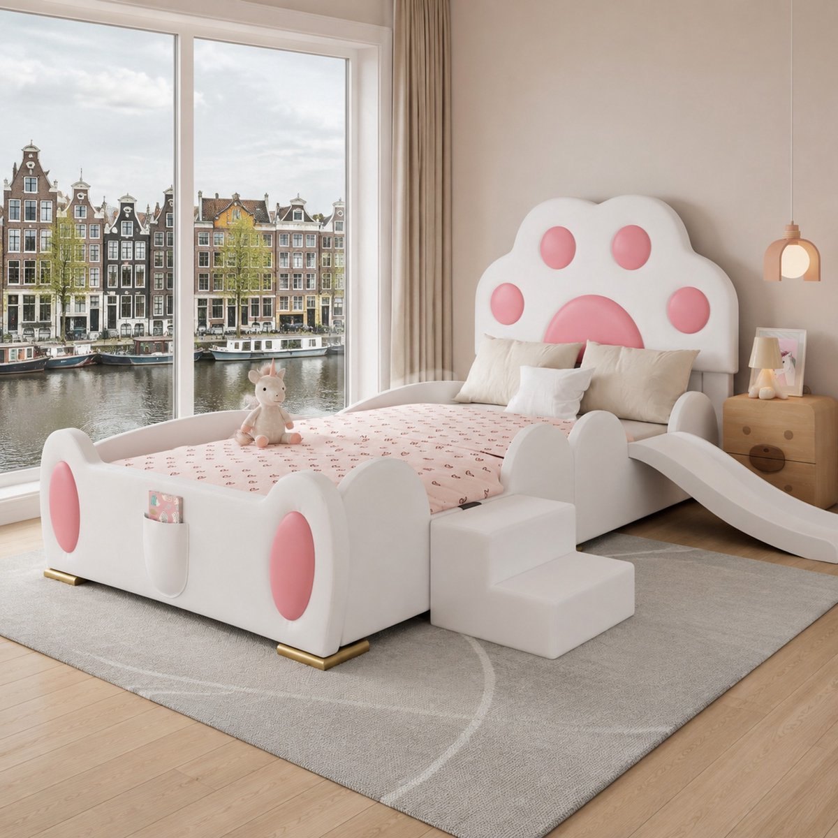 WUVRIE Kinderbed 90x200 cm met glijbaan, trap, kattenpoot hoofdbord en opbergtasje, wit/roze Roze + wit