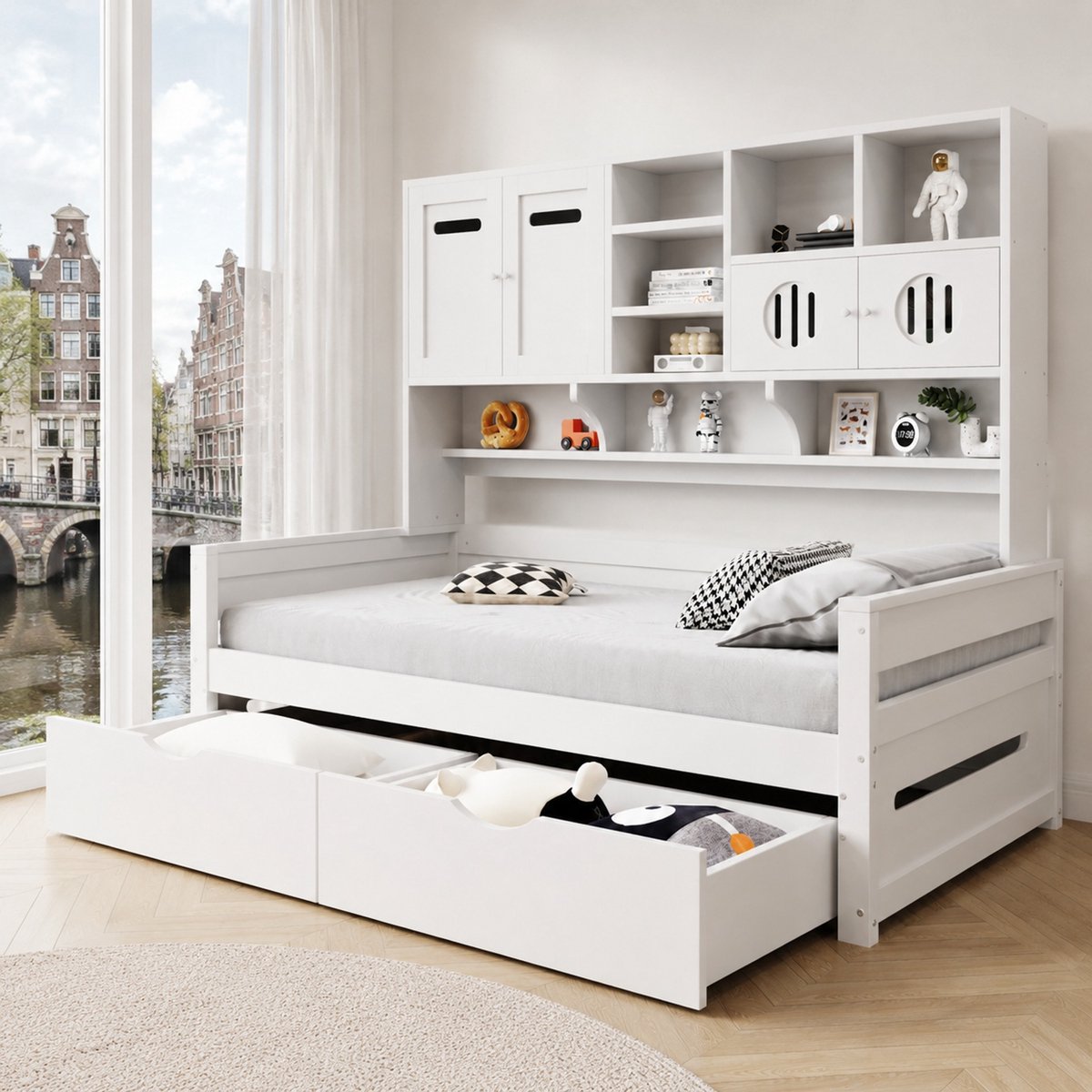 WUVRIE Eenpersoons Bedframe 90x200 cm met opbergruimte en bedlade - Wit - Hout - Zonder matras