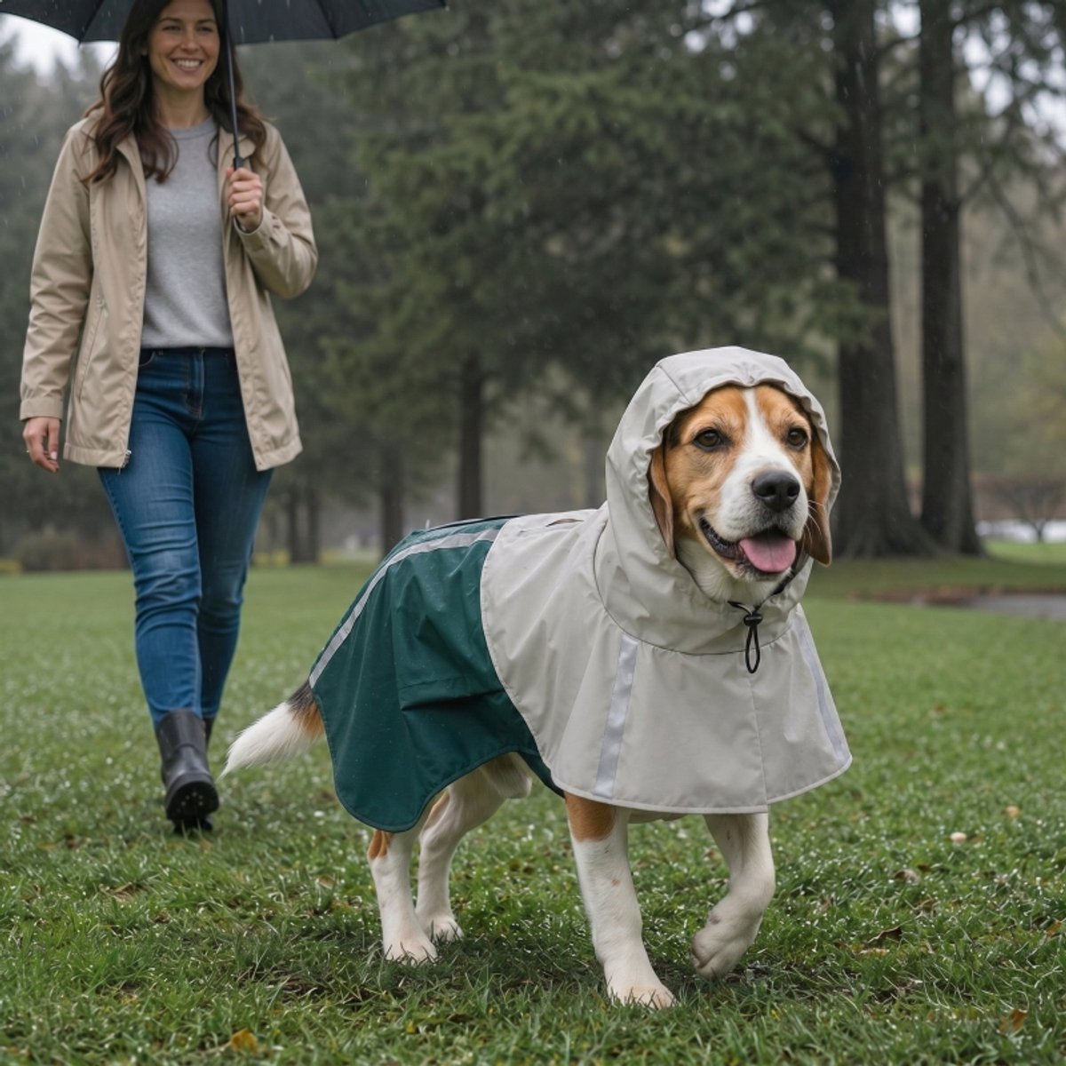 REDOM - Hondenregenjas - Waterdicht en ademend - Verstelbare pasvorm met klittenbandsluiting - Met reflecterende strepen en capuchon - Kunstleer en polyester - Groen - 58 cm ruglengte