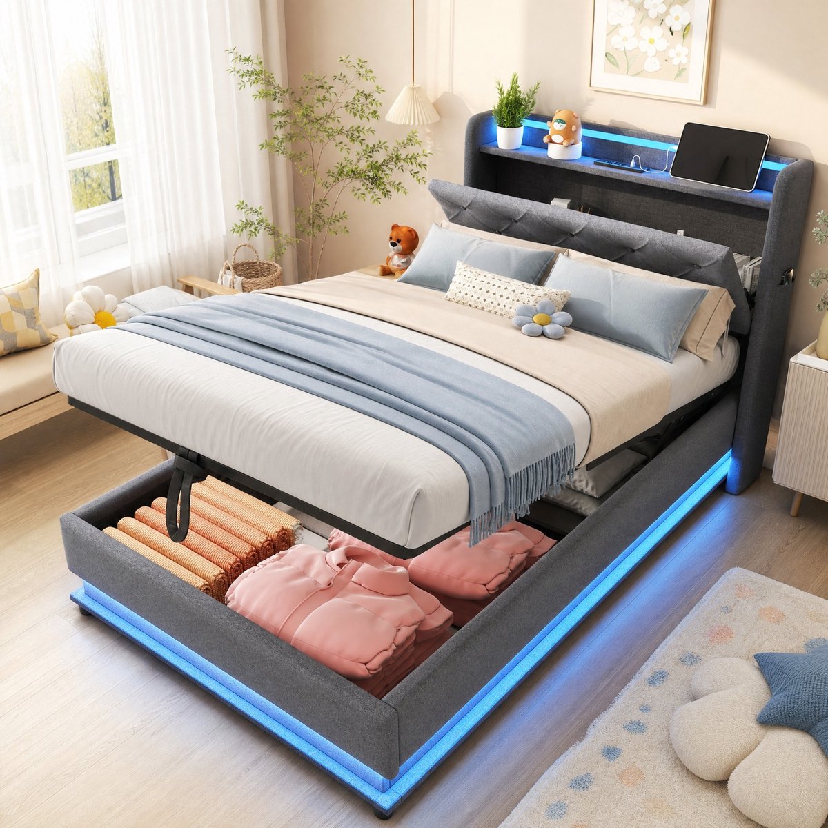 COVREO Kinderbed met bergruimte – 90x200 cm – Jeugdbed met USB en LED – Bedframe met opklapbaar hoofdbord – Grijs - zonder matras