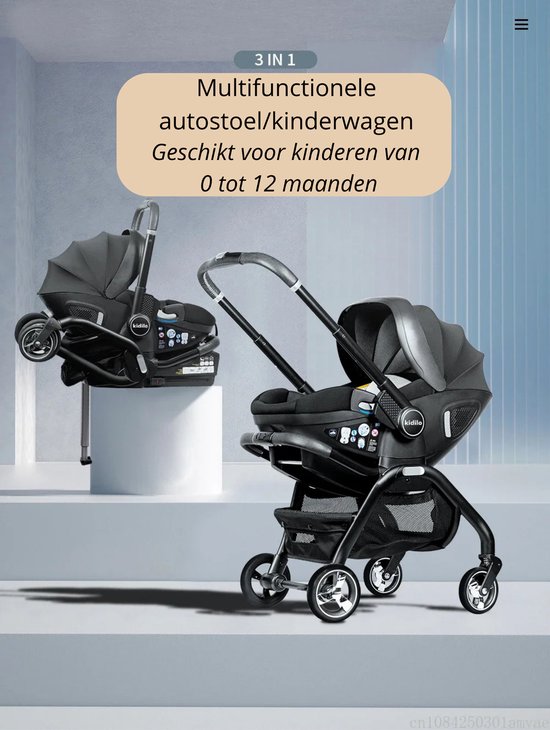 Zwarte multifunctionele 3-in-1 autostoel/kinderwagen, geschikt voor 0-12 maanden, getoond als autostoel en kinderwagen.