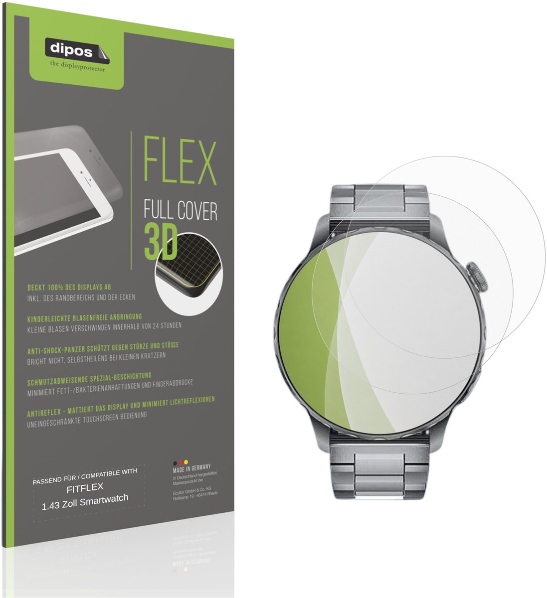 dipos FLEX – 2x Matte Screenprotector geschikt voor FITFLEX 1.43 Zoll Smartwatch | Volledige Schermbescherming | Case-Friendly